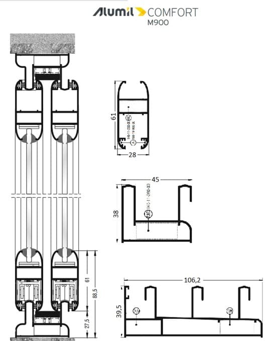 Alumil M900 технический чертеж